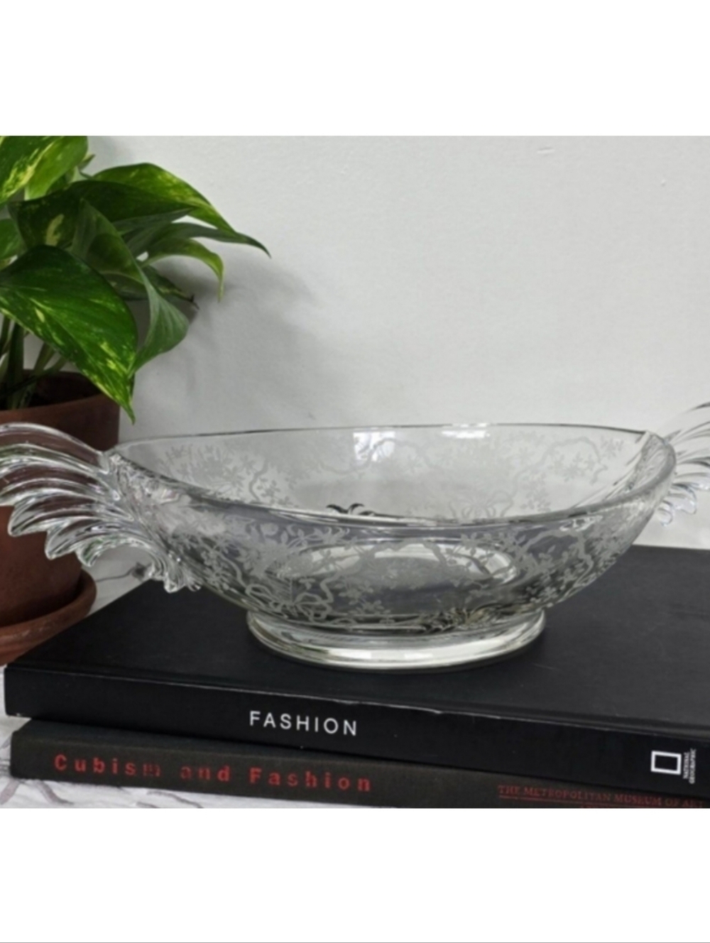 Vintage Fostoria Corsage Clear Etched Glass Handled Large Bowl